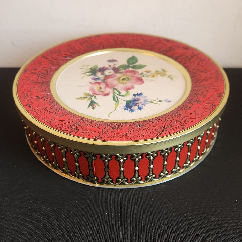 VTG Metal Tin West Germany Biscuit MCM Floral Red Gold